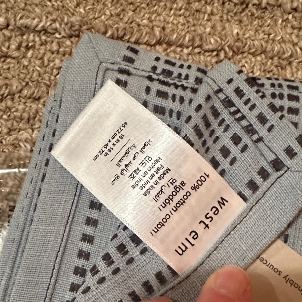West Elm Light Blue Navy Patterned Cloth Napkins 100% Cotton Easy Care